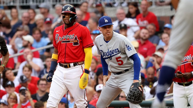 File photo of Ronald Acuna and Freddie Freeman from the Braves-Dodgers game at Truist Park during the 2022 season.