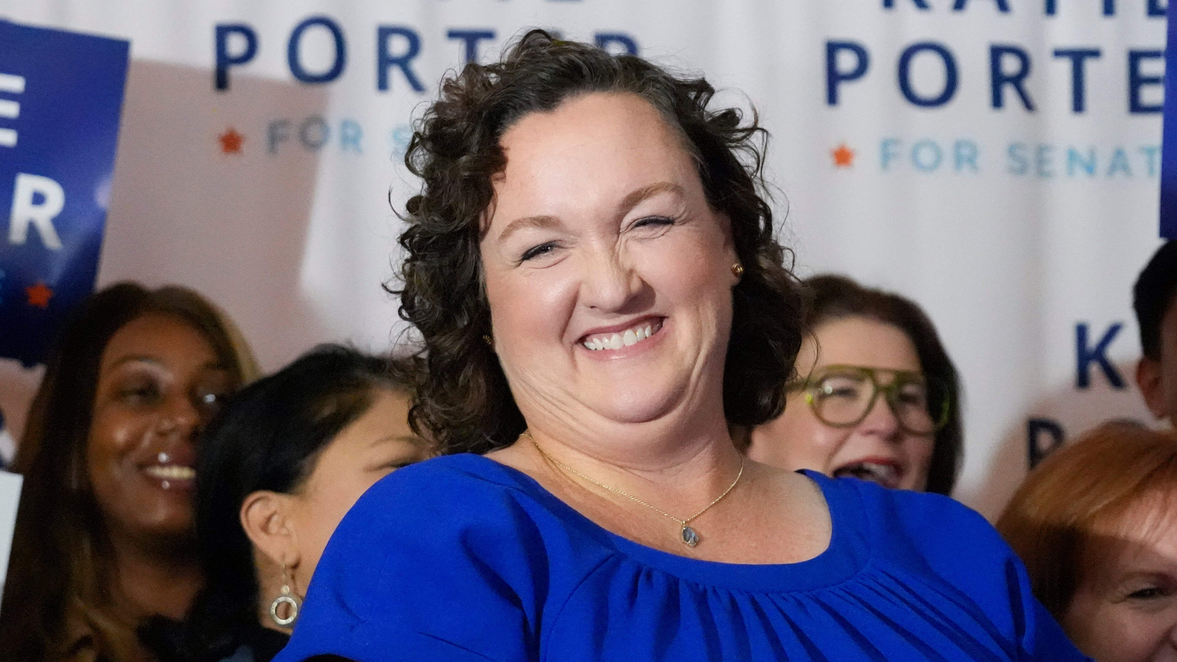 FILE - U.S. Rep. Katie Porter, D-Calif., smiles as she prepares to address supporters at an election night party, March 5, 2024, in Long Beach, Calif. (AP Photo/Damian Dovarganes, File)