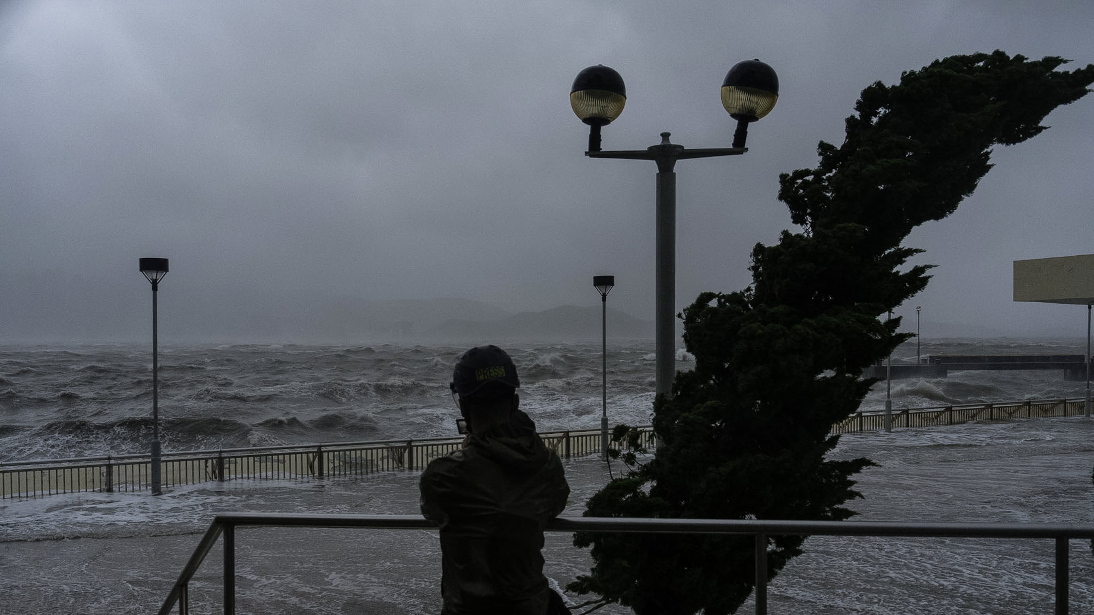 Strong waves crash against the waterfront in Heng Fa Chuen area as Super Typhoon Ragasa approaches in Hong Kong, Wednesday, Sept. 24, 2025. (AP Photo/Chan Long Hei)