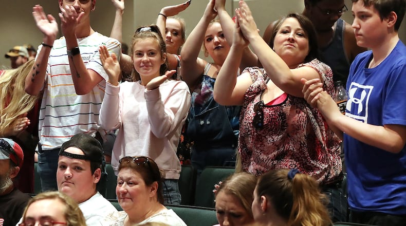 Students and area residents react to a speaker during a Pickens County Board of Education meeting to address questions and concerns about transgender students and the bathrooms they can use at Pickens County High School on Monday, Oct. 14, 2019, in Jasper. Curtis Compton/ccompton@ajc.com