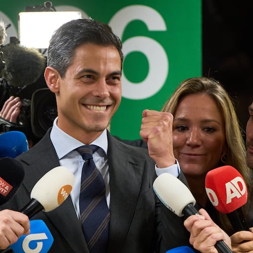 Rob Jetten, leader of the Democrats 66, D66, celebrates, one day after the general election, at the House of Representatives in The Hague, Thursday, Oct. 30, 2025. (AP Photo/Peter Dejong)