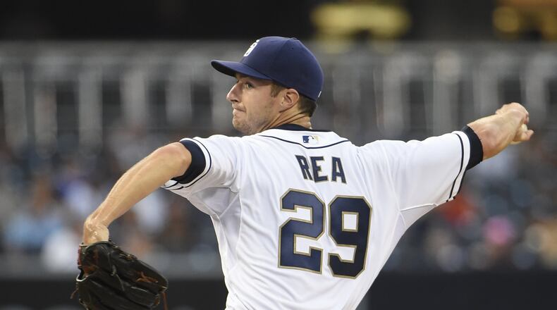 The Padres’ Colin Rea delivers a pitch against the Braves at Petco Park Aug. 17, 2015 in San Diego. (Photo by Denis Poroy/Getty Images)