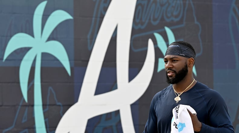 Atlanta Braves outfielder Michael Harris II walks to an indoor batting practice facility during spring training workouts at CoolToday Park, Friday, February 14, 2025, North Port, Florida. (Hyosub Shin / AJC)