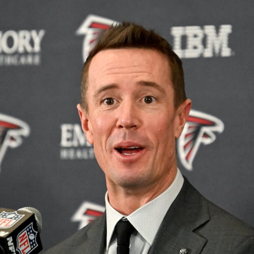AJC columnist Michael Cunningham says Falcons president of football Matt Ryan — pictured speaking during his introductory news conference Tuesday — made a confident move in hiring Kevin Stefanski, who had a sub-.500 record in six seasons as the Browns coach. (Hyosub Shin/AJC)