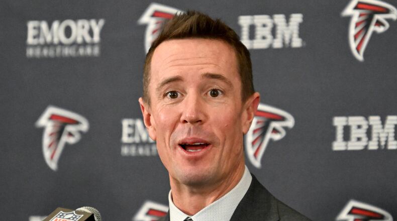 AJC columnist Michael Cunningham says Falcons president of football Matt Ryan — pictured speaking during his introductory news conference Tuesday — made a confident move in hiring Kevin Stefanski, who had a sub-.500 record in six seasons as the Browns coach. (Hyosub Shin/AJC)
