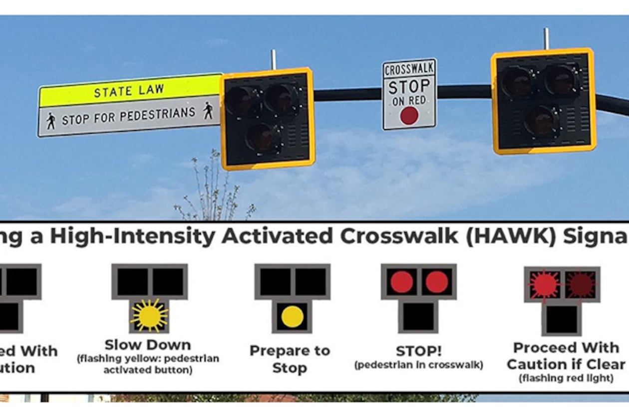 A new HAWK pedestrian beacon on Ga. 9 near Marietta Street in downtown Alpharetta requires motorists to stop for people crossing the street. (Courtesy of the City of Alpharetta)