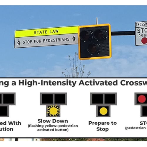 A new HAWK pedestrian beacon on Ga. 9 near Marietta Street in downtown Alpharetta requires motorists to stop for people crossing the street. (Courtesy of the City of Alpharetta)