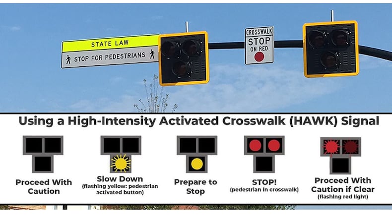 A new "HAWK Pedestrian Beacon" on Ga. 9 near Marietta Street in downtown Alpharetta alerts motorists to stop for people crossing the street.