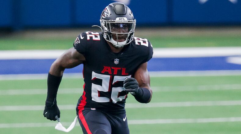 Atlanta Falcons strong safety Keanu Neal (22) defends during an NFL football game against the Dallas Cowboys, Sunday, Sept. 20, 2020, in Arlington, Texas. The Atlanta Falcons are looking to have some injured players return to their depleted defense for Sunday's game against Carolina. The winless Falcons have lost five members of their secondary.(AP Photo/Brandon Wade, File)