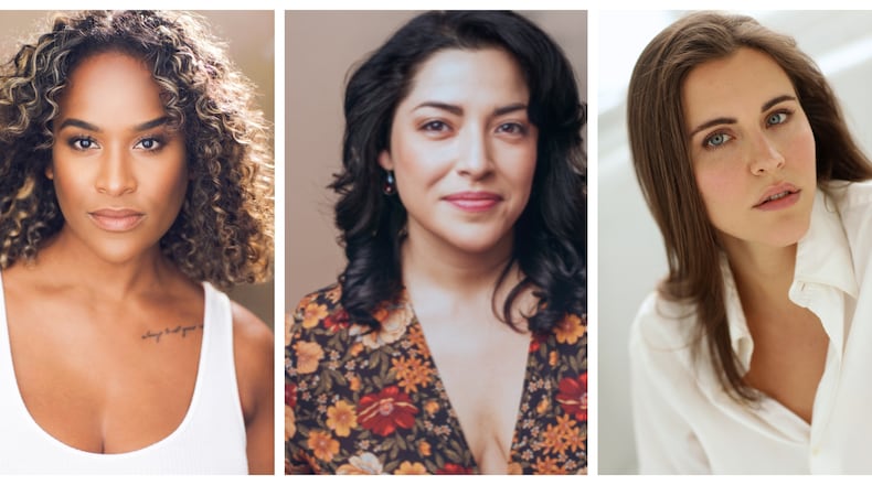 Darilyn Castillo (left) and Jacqueline Correa play the sisters Julia and Patricia, putting their family home for sale on an HGTV-style television show hosted by Marianna McLellan as Tessa. Photos: Alliance Theatre