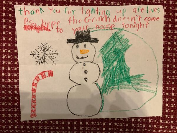 Sometimes the Riggers get notes about the lights in the Parkwood neighborhood. (Courtesy of Mary Rigger)