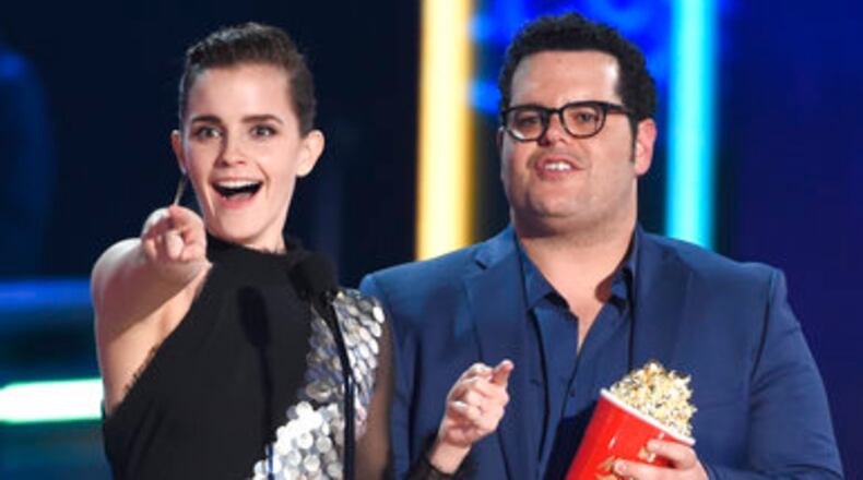 Emma Watson, left, and Josh Gad accept the award for movie of the year for "Beauty and the Beast" at the MTV Movie and TV Awards at the Shrine Auditorium on Sunday, May 7, 2017, in Los Angeles. (Photo by Chris Pizzello/Invision/AP)