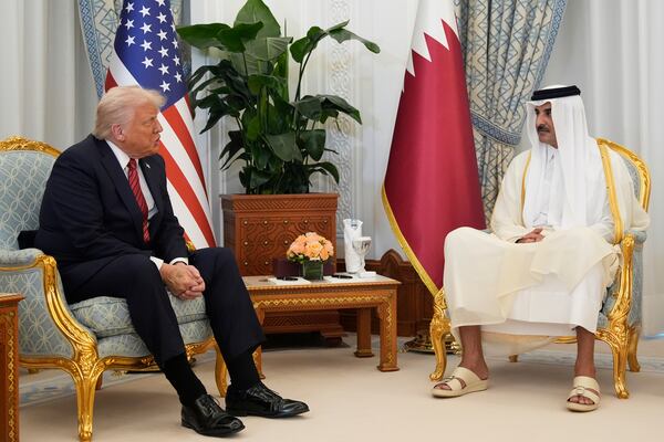 President Donald Trump and Qatar's Emir Sheikh Tamim bin Hamad Al Thani meet at the Amiri Diwan in Doha, Qatar, Wednesday, May 14, 2025. (AP Photo/Alex Brandon)