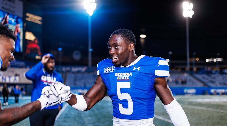 Georgia State Panthers cornerback Jyron Gilmore (5) following the conclusion of the NCAA game between the Georgia State Panthers and the Chattanooga Mocs on Saturday, Sept. 7, 2024, at Center Parc Credit Union Stadium in Atlanta, Ga. Gilmore came up with the game-saving interception to preserve the win. (Ivan Konon/Georgia State Athletics)