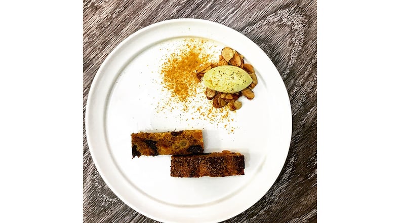 Cassava Fruit Cake With Coconut Curry Ice Cream. 
Courtesy of Demetirus J Brown.