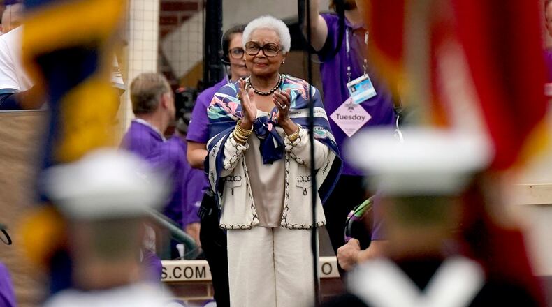 Billye Aaron, the wife of the late Hank Aaron, watches the pre game festivities prior to the MLB All-Star baseball game, Tuesday, July 13, 2021, in Denver. (AP Photo/Gabriel Christus)