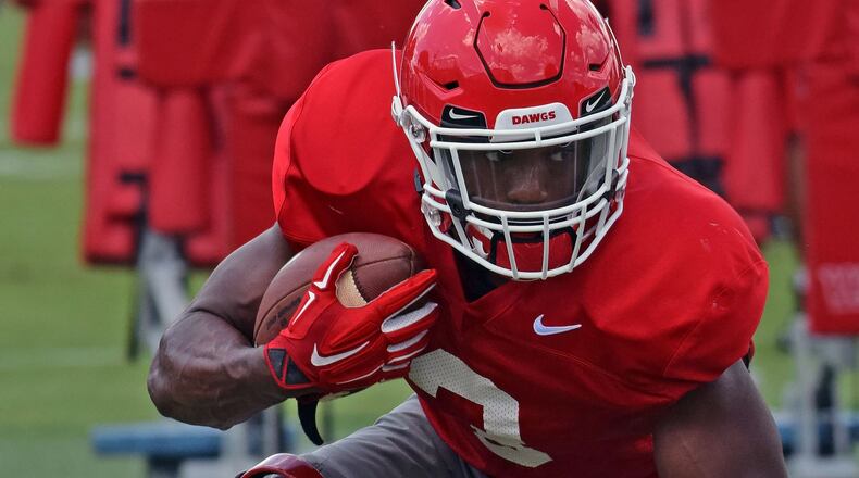 Georgia tailback Zamir White (3) during the Bulldogs' practice Monday, Aug. 6, 2018, at the Woodruff Practice Fields on the Georgia campus in Athens.