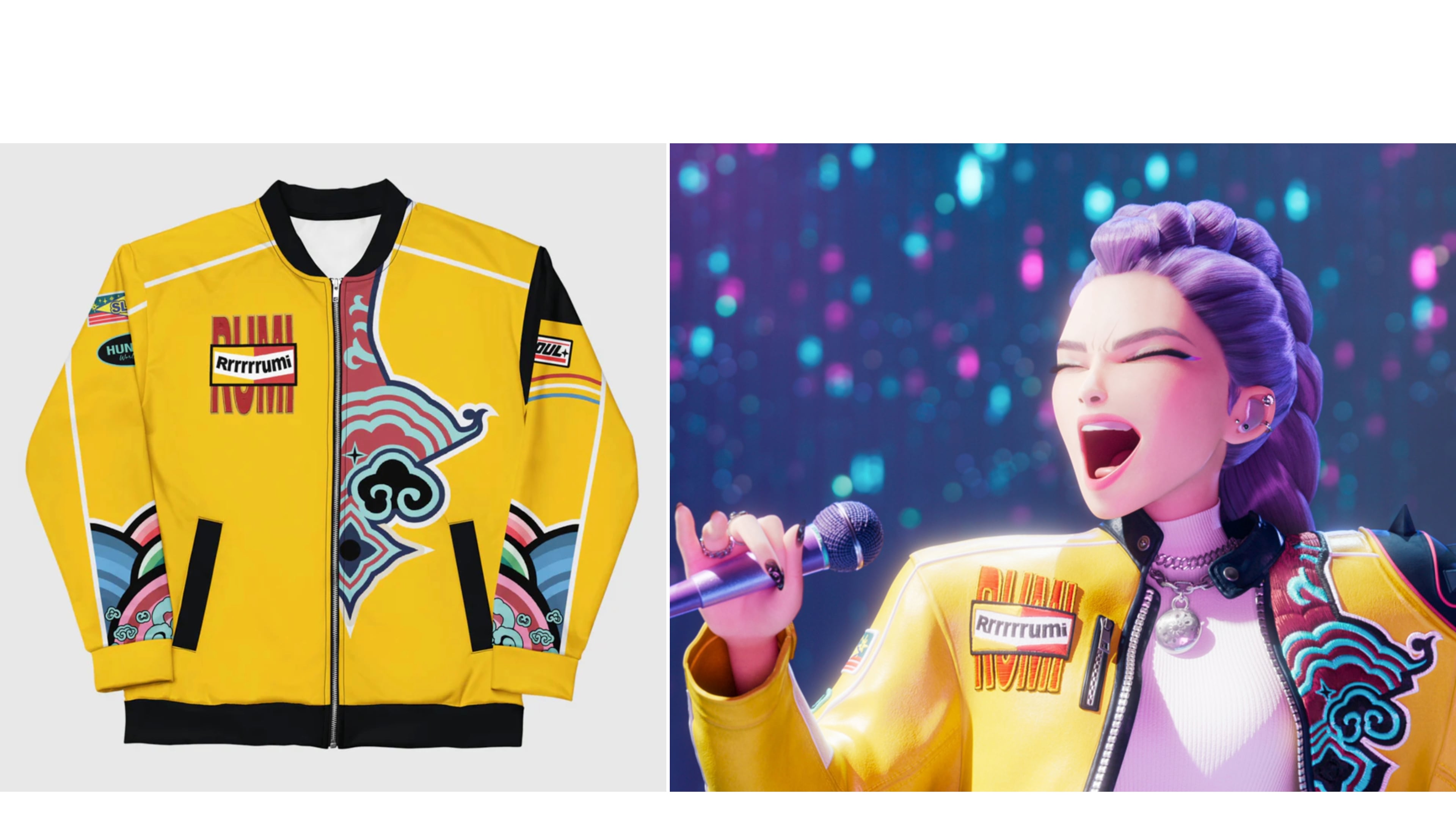 This product image released by Netflix shows a jacket worn by the character Rumi, right, in the animated film "KPop Demon Hunters." (Netflix via AP)