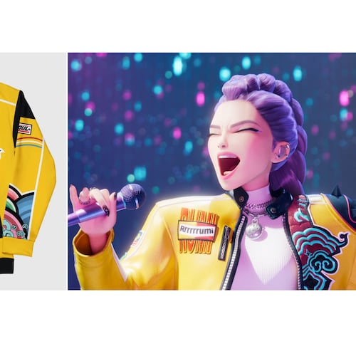 This product image released by Netflix shows a jacket worn by the character Rumi, right, in the animated film "KPop Demon Hunters." (Netflix via AP)