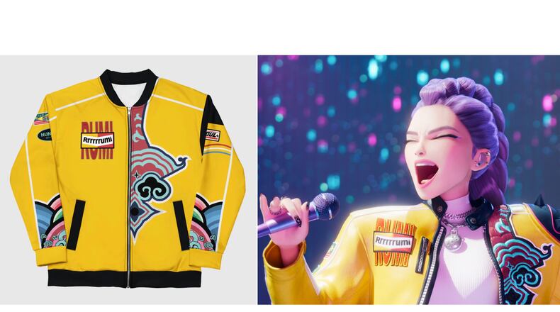 This product image released by Netflix shows a jacket worn by the character Rumi, right, in the animated film "KPop Demon Hunters." (Netflix via AP)