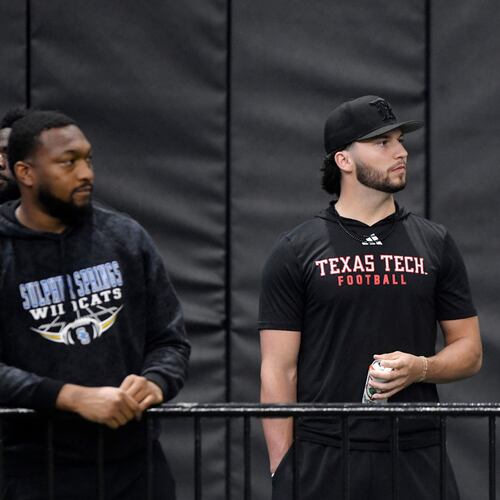 FILE - Texas Tech quarterback Brendan Sorsby watches the school's NFL football pro day, March 26, 2026, in Lubbock, Texas. (AP Photo/Annie Rice)