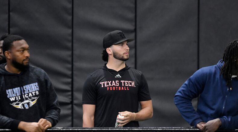 FILE - Texas Tech quarterback Brendan Sorsby watches the school's NFL football pro day, March 26, 2026, in Lubbock, Texas. (AP Photo/Annie Rice)