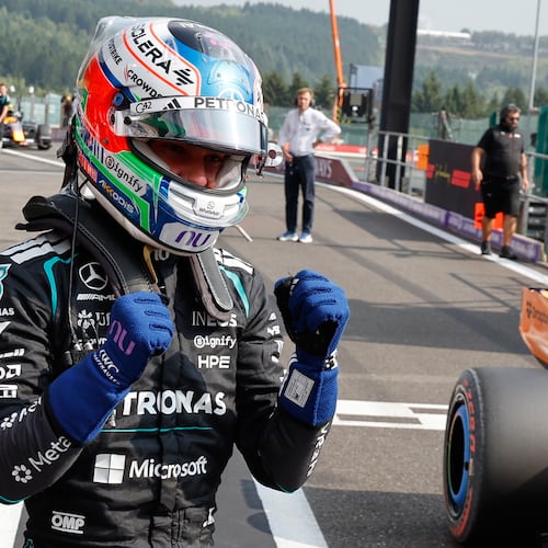 Mercedes driver Andrea Kimi Antonelli of Italy celebrates after qualifying for pole position ahead of the Formula One Grand Prix at the Spa-Francorchamps racetrack in Spa, Belgium, Saturday, July 18, 2026. (AP Photo/Geert Vanden Wijngaert)