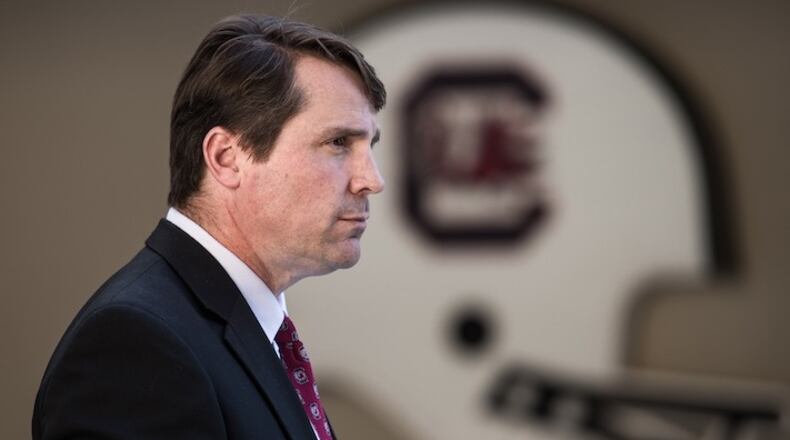 New South Carolina NCAA college head football coach Will Muschamp stands in the tunnel at Williams Brice Stadium Monday, Dec. 7, 2015, in Columbia, S.C. Muschamp was officially introduced today as the new coach of the Gamecocks. (AP Photo/Sean Rayford)