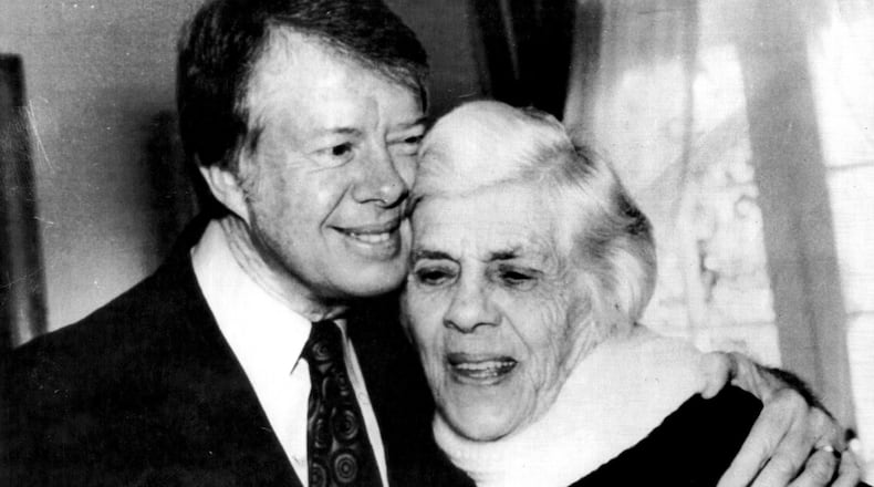 Carter with his mother Lillian Carter in Americus in 1977. AJC file
