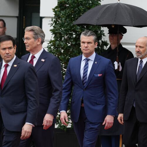 From left, Secretary of State, Marco Rubio, Treasury Secretary Scott Bessent, Secretary of Defense Pete Hegseth and Commerce Secretary Howard Lutnick, arrive before President Donald Trump and first lady Melania Trump greet Britain's King Charles III and Queen Camilla during a State Visit arrival ceremony on the South Lawn of the White House, Tuesday, April 28, 2026, in Washington. (AP Photo/Mark Schiefelbein)
