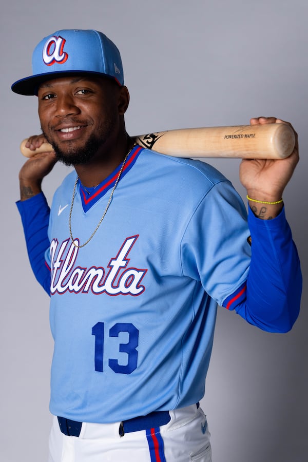 The Braves' new City Connect 2.0 jersey, modeled by Ronald Acuña Jr., features a brighter version of the 1980s powder blue and an updated “Atlanta” script. The cap is emblazoned with a 3D updated Cooperstown “a” insignia. (Cole Carter for the Atlanta Braves)