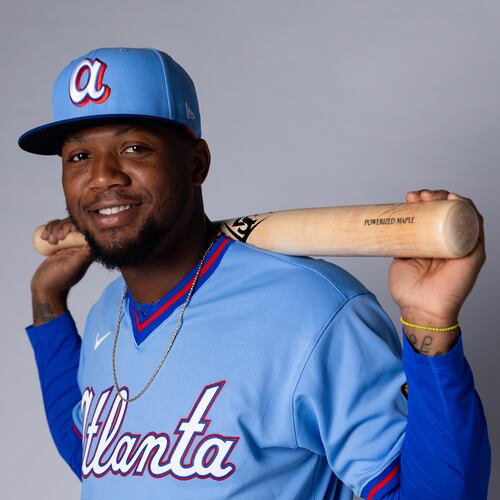 Braves All-Star Ronald Acuña Jr. models the new City Connect 2.0 jerseys, which are a throwback to the long-appreciated powder-blue uniforms of the 1980s. (Cole Carter for the Atlanta Braves)