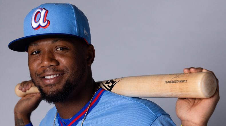 Braves All-Star Ronald Acuña Jr. models the new City Connect 2.0 jerseys, which are a throwback to the long-appreciated powder-blue uniforms of the 1980s. (Cole Carter for the Atlanta Braves)