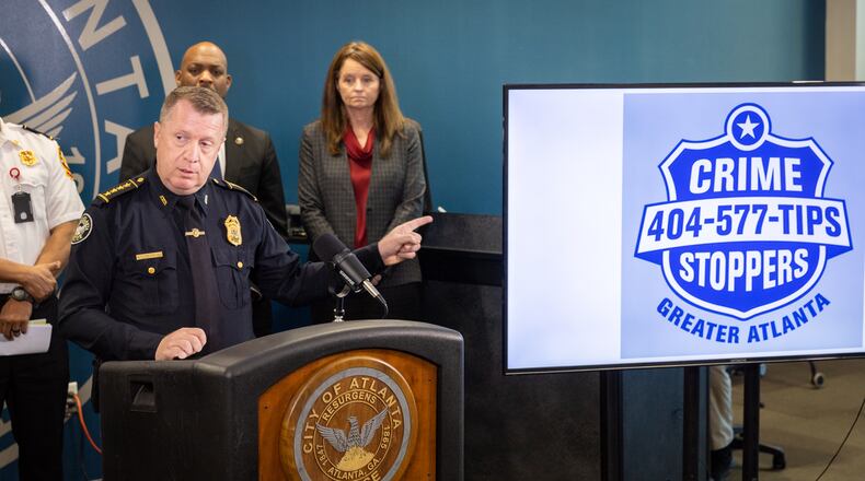 Atlanta Police Chief Darin Schierbaum speaks during an press conference at the Atlanta Police Department Headquarters in Atlanta on Thursday, December 14, 2023. Authorities are offering a $200,000 reward for information leading to the arrest of arsonists linked to training center protests. (Arvin Temkar / arvin.temkar@ajc.com)