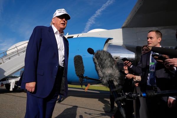 President Donald Trump speaks to reporters before boarding Air Force One at Morristown Municipal Airport in Morristown, N.J., Sunday, May 25, 2025. (AP Photo/Manuel Balce Ceneta)