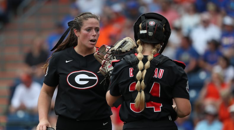 Georgia pitcher Mary Wilson Avant (left) during the Bulldogs’ game against Florida on Saturday, May 29, 2021 at Katie Seashole Pressly Softball Stadium in Gainesville, Fla. (Tim Casey/University of Florida)