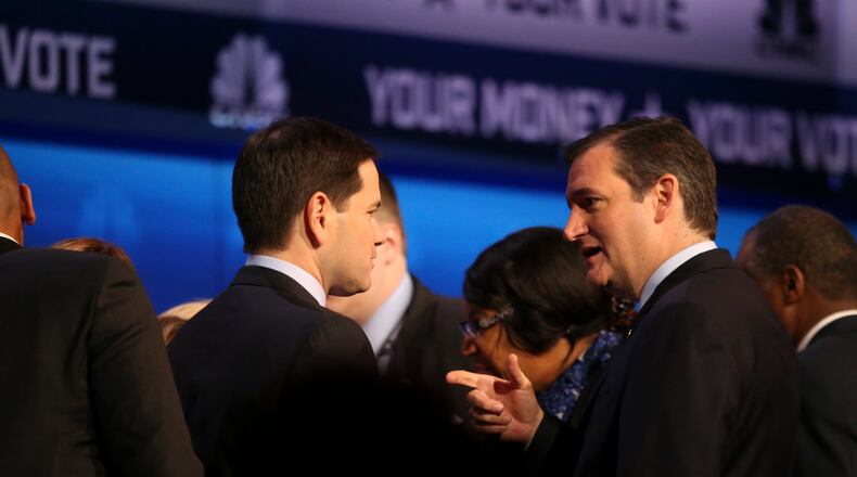 Wait, you're saying we agree? Republican presidential hopefuls Sens. Marco Rubio, left, and Ted Cruz after the Republican presidential debate in Boulder, Colo. Oct. 28. (Jim Wilson / The New York Times)