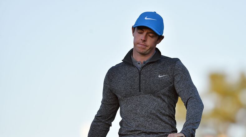 APRIL 9, 2016 AUGUSTA A frustrated Rory McIlroy reacts after his par putt on the 18th green during the third round of the 80th Masters at the Augusta National Golf Club, Saturday, April 9, 2016. Brant Sanderlin/bsanderlin@ajc.com