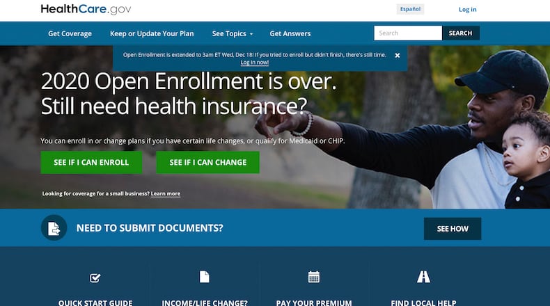 This screen grab from the website HealthCare.gov shows the extended deadline for signing up for health care coverage for 2020.