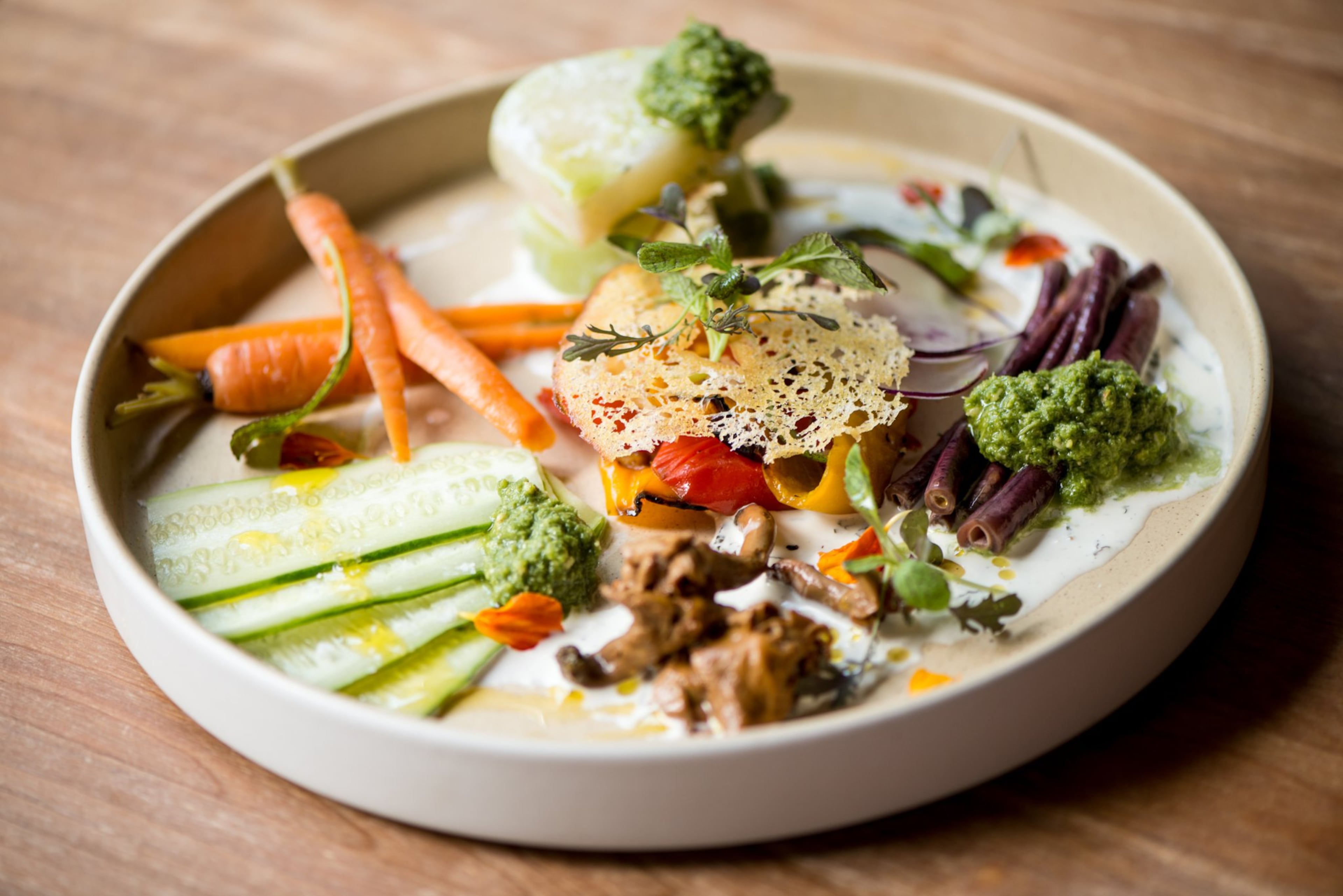 The Deer and the Dove has always featured a Vegetables From Our Friends plate which includes a seasonal selection of raw, poached and roasted vegetables. (Courtesy of Mia Yakel)