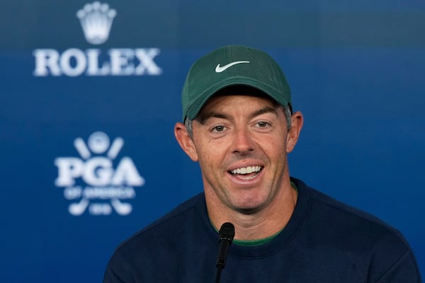 Rory McIlroy, of Northern Ireland, speaks during a news conference at the PGA Championship golf tournament at the Quail Hollow Club, Wednesday, May 14, 2025, in Charlotte, N.C. (AP Photo/Matt York)