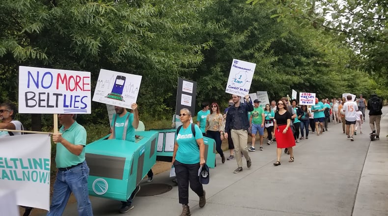 The group Beltline Rail Now oraganized a march and rally Sunday afternoon, October 6, 2019, to urge MARTA to make a light rail project a top priority. (Photo: Stephen Deere/AJC)