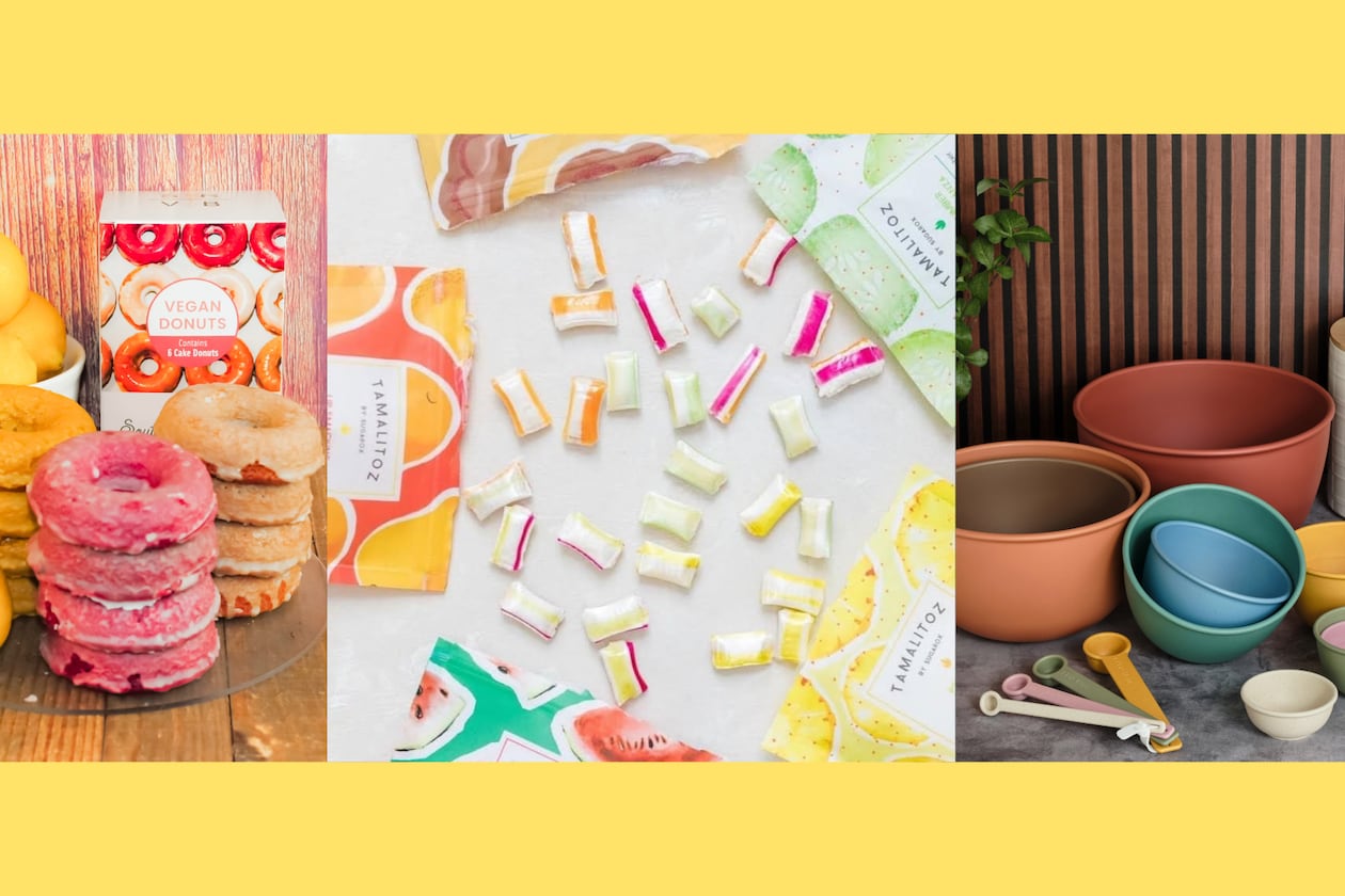 From left: Vegan doughnuts (Courtesy of Southern Roots Vegan Bakery); Hard candy with chili-lime seasoning from Tamalitoz (Courtesy of Tamalitoz); Mixing bowls. (Courtesy of Katie Dickson Photography/Bamboozle)