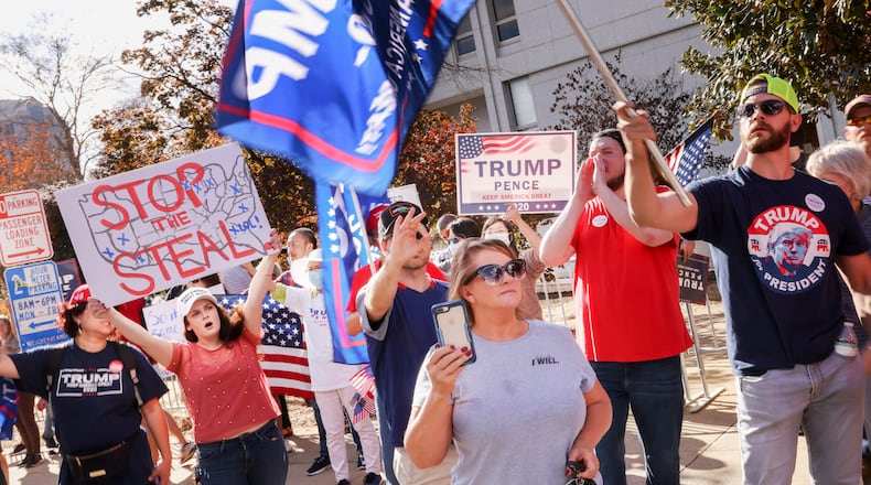 Supporters of President Donald Trump gather outside the Governor’s Mansion in Raleigh, North Carolina, to protest the results of the 2020 election. Trump won the state but falsely claimed electoral fraud had cost him victories in other battleground states, including Georgia. (Travis Dove/New York Times 2020)