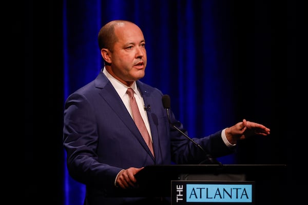 Republican candidate for governor Chris Carr, the attorney general, speaks at the Atlanta Press Club Loudermilk-Young debates at Georgia Public Broadcasting on Monday. (Arvin Temkar/AJC)