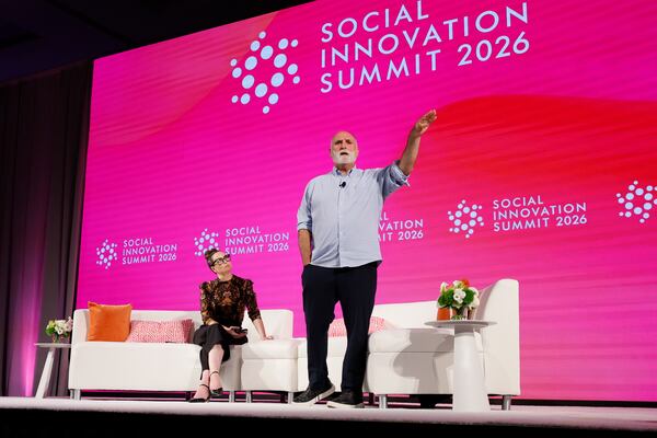 AJC Senior Food & Dining Editor Monti Carlo observes innovative cuisine and award-winning Chef José Andrés speaking to attendees during the Social Innovation Summit at Loews Atlanta Hotel on Tuesday, June 2, 2026. (Miguel Martinez/AJC)