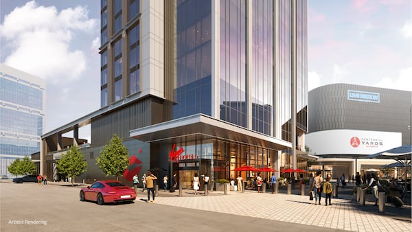 This rendering shows the Virgin Hotels property that John Drew, CEO of the company developing the hotel, said in a statement will bring “its own unique, cheeky identity and energy to the area.” (Courtesy of Centennial Yards)
