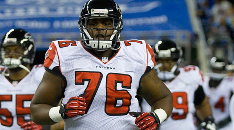 Atlanta Falcons tackle Lamar Holmes (76) runs onto the field before an NFL football game against the Detroit Lions at Ford Field in Detroit, Saturday, Dec. 22, 2012. (AP Photo/Duane Burleson ) FILE PHOTO: Atlanta Falcons tackle Lamar Holmes (76) runs onto the field before an NFL football game against the Detroit Lions at Ford Field in Detroit, Saturday, Dec. 22, 2012. (AP Photo/Duane Burleson )