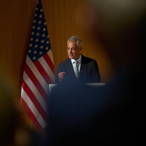 Rahm Emanuel, a potential Democratic presidential candidate and longtime defender of Israel speaks in Tel Aviv University, Israel , Wednesday, July 8, 2026. (AP Photo/Ariel Schalit)