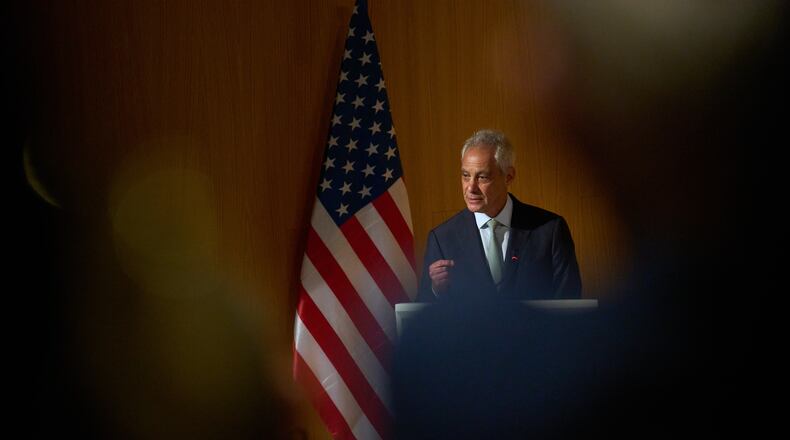 Rahm Emanuel, a potential Democratic presidential candidate and longtime defender of Israel speaks in Tel Aviv University, Israel , Wednesday, July 8, 2026. (AP Photo/Ariel Schalit)